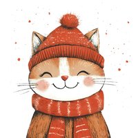 Smiling cat wearing red knitted winter hat and scarf, watercolor style illustration with white background for greeting cards and children decor.