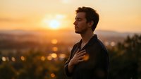 Male adult with dark hair and light skin tone wearing dark casual clothing, standing outdoors during golden hour sunset, hand on chest in contemplative pose overlooking cityscape below.