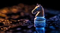 Glowing chess knight piece on circuit board with blue light effect, symbolizing artificial intelligence and strategic technology advancement in business.