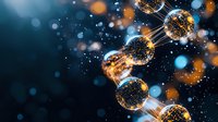 Glowing golden spheres connected by light beams on dark background with bokeh effect create futuristic molecular or neural network visualization.