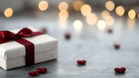 White gift box with burgundy red ribbon bow on gray concrete surface with scattered hearts and soft bokeh lights in background for Valentine's Day or holiday season.