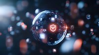 Glowing cybersecurity shield icon inside transparent sphere with digital network symbols floating in dark space, representing data protection and network security.