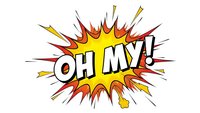 Comic book style explosion burst with OH MY text in bold letters surrounded by dynamic red yellow flames and radiating lines on white background.