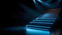 Glowing neon blue stairs ascending in dark space with dramatic lighting effects and smoke atmosphere, creating futuristic architectural element for backgrounds.
