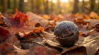 Small gray armadillo curled into defensive ball among colorful autumn leaves with warm golden sunlight filtering through forest background.