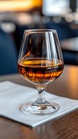 Premium whiskey glass with amber liquid on marble coaster in upscale bar setting with warm bokeh lights creating sophisticated drinking atmosphere.