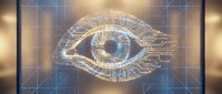 Digital eye hologram with circuit patterns and glowing effects representing artificial intelligence, cybersecurity, and futuristic technology concepts.