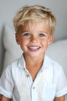 Cheerful young Caucasian boy with bright blue eyes and blonde hair wearing white cotton shirt smiling at camera. Portrait shows natural happiness and innocence.
