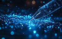 Medical syringe needle on glowing blue bokeh background with network connections and sparkles, representing healthcare technology and vaccination innovation.