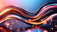 Flowing abstract waves in coral pink and blue gradient colors with glowing bokeh light effects create dynamic motion against dark background.