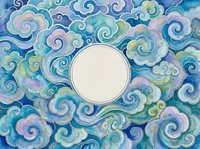 Watercolor blue sky with swirling clouds in Asian style and blank round frame for text, soft pastel tones, decorative art background.