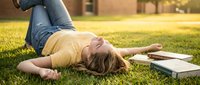 Young Caucasian woman student relaxing on green grass with books during golden hour sunset, enjoying peaceful outdoor study break on campus lawn.
