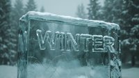Winter text carved in a frosty ice block with snow-covered trees in the background, capturing the cold season atmosphere.