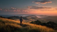 Man standing on grassy hillside overlooking valley landscape during golden hour sunset with dramatic sky and rolling hills in distance.