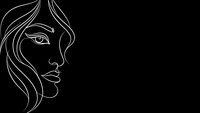 Minimalist line art portrait of woman with flowing hair on black background for modern design projects and branding materials.