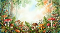 Enchanted forest floor with various mushrooms, ferns, and woodland plants beneath tall trees with dappled sunlight filtering through canopy, suitable for children's book illustrations and nature-themed designs.