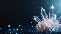 Magical glowing crystal cluster emerging from darkness with sparkles and bokeh lights against deep blue background. Mystical mineral formation.