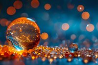 Crystal ball with golden bokeh lights reflecting on water drops against dark blue background creates magical atmosphere for fantasy designs.