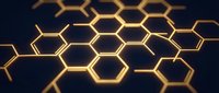 Golden hexagonal network structure with glowing lines on dark background, representing connectivity, technology, and molecular science concepts.