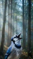 Blue jay bird calling in misty forest with sunlight streaming through trees creating atmospheric woodland scene for nature photography and wildlife content.