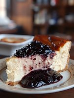Creamy cheesecake slice topped with dark berry sauce on white plate, close-up view showing rich texture and glossy fruit topping against blurred restaurant background.