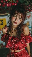Young woman with wet hair in red polka dot off-shoulder outfit against backdrop of fresh cherries, creating summery rural market atmosphere.