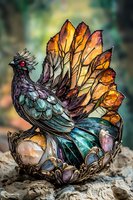 Stained glass turkey sculpture with vibrant orange and teal feathers, sitting on decorative base with crystal elements against blurred natural background.