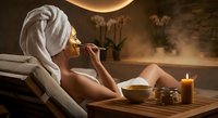Woman relaxing in luxury spa with towel on head drinking herbal tea surrounded by candles and steam creating wellness atmosphere for self-care rituals.