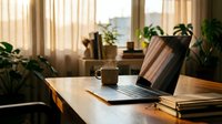 Cozy home office workspace with open laptop, steaming coffee mug, and notebooks on wooden desk, warm sunlight through curtains, green plants.