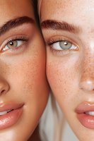 Close-up portrait of two young women with freckles and natural makeup showing half faces with green eyes and glowing skin, representing beauty and diversity.