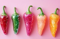 Colorful sugar-coated chili peppers in gradient arrangement from red to orange on pink background, creative food art concept for spicy and sweet combinations.