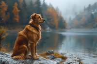 Majestic golden retriever sitting on rock by misty autumn lake, surrounded by fall foliage and pine forest. Peaceful outdoor scene captures dog's noble profile.
