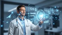 Male doctor interacting with futuristic holographic medical interface displaying digital health data and AI technology in modern hospital setting.