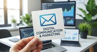 Hand holding digital communication and marketing card with email icon in modern office workspace with laptop displaying analytics charts and green plants.