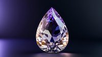 Sparkling pear-shaped crystal gemstone with purple and blue reflections on dark background, luxury jewelry element with precise facets and brilliant cut.