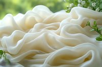 Creamy waves of fresh white noodles with delicate green herbs create appetizing texture and pattern, macro food photography highlighting soft curves and folds.