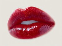 Glossy red lips with sparkly glitter effect on beige background, showing plump, sensual expression for beauty and cosmetic advertising and makeup artistry.