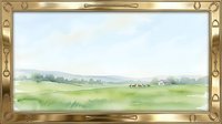 Watercolor landscape painting in ornate golden frame showing peaceful countryside with green fields, distant hills and farmhouse for home decor and wall art.