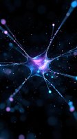 Glowing neuron in deep space colors with blue and purple luminescent details against dark background, sparkling with light particles and energy streams.