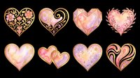Watercolor pink and gold heart clipart set with 8 decorative styles, isolated on transparent background. Great for Valentine's cards, stickers, t-shirt design, and print on demand.
