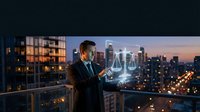 Professional businessman using holographic technology interface on city rooftop at sunset with urban skyline background for business and innovation concepts.