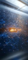 Glowing "Level Up" notification against abstract digital network of blue and orange connections, perfect for gaming or technology concepts.