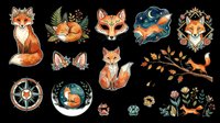 Cute fox character collection with floral and celestial elements, isolated on transparent background. Ready for t-shirt design, stickers, clipart, sublimation, print-on-demand products and digital crafts.