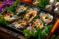 Baked oysters with melted cheese and herbs served in shells on wooden tray with fresh vegetables and garnish. Gourmet seafood appetizer presentation.
