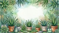 Watercolor frame with succulents, aloe vera, and tropical plants in terracotta pots, soft green tones, white copy space center for text or design.