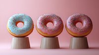 Glazed donuts with colorful sprinkles displayed on wooden pedestals against pink background. Sweet pastries arranged in minimalist composition for food photography.