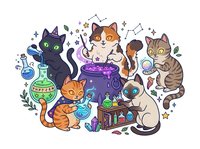 Witches cats with magical potions, crystals, and mystical elements isolated on white background. Perfect for clipart, t-shirts, and design projects.