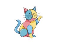 Colorful geometric cat with abstract shapes in blue, yellow and pink tones. Modern artistic feline design isolated on white background for creative projects.