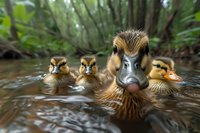 Mother duck swimming with ducklings in forest pond water. Close up view of wild waterfowl family showing natural behavior in woodland habitat.