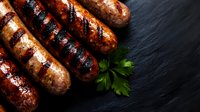 Grilled sausages with char marks and grill lines on dark slate background garnished with fresh parsley leaf, dramatic lighting creates appetizing mood.